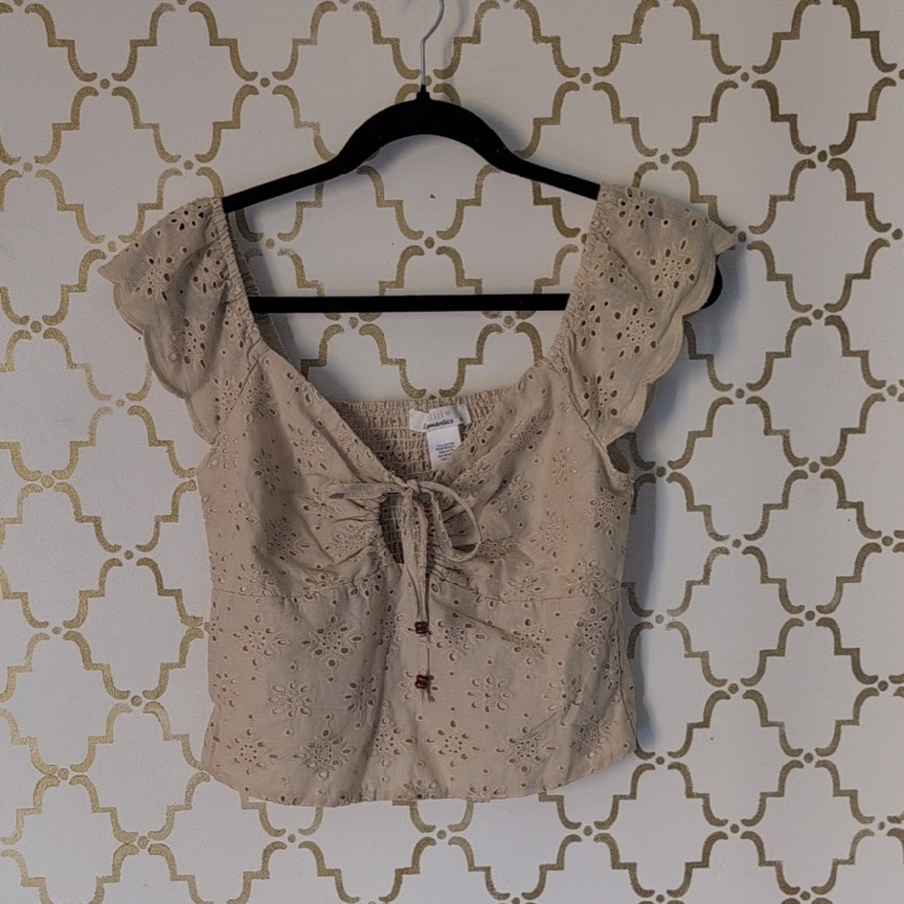 Beige Eyelet Lace-Up Women's Top